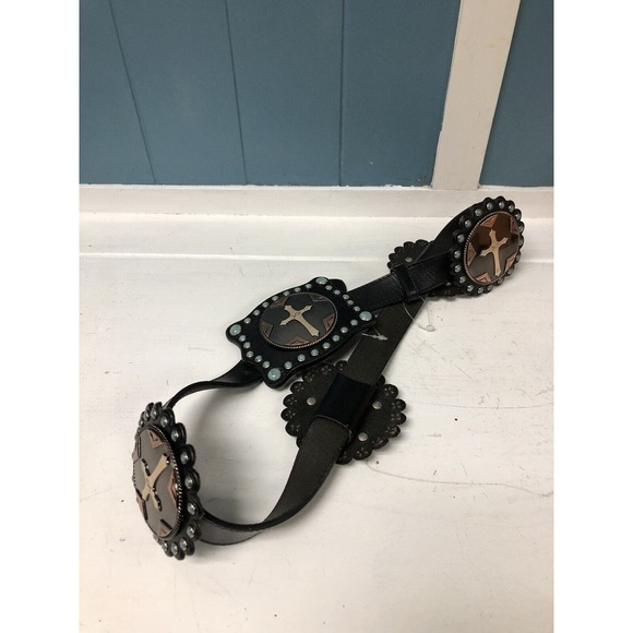 3D LEATHER BELT Cross MEDALLIONS Women’s Size L Large 34-39” Cats Eye Stones New main image 8